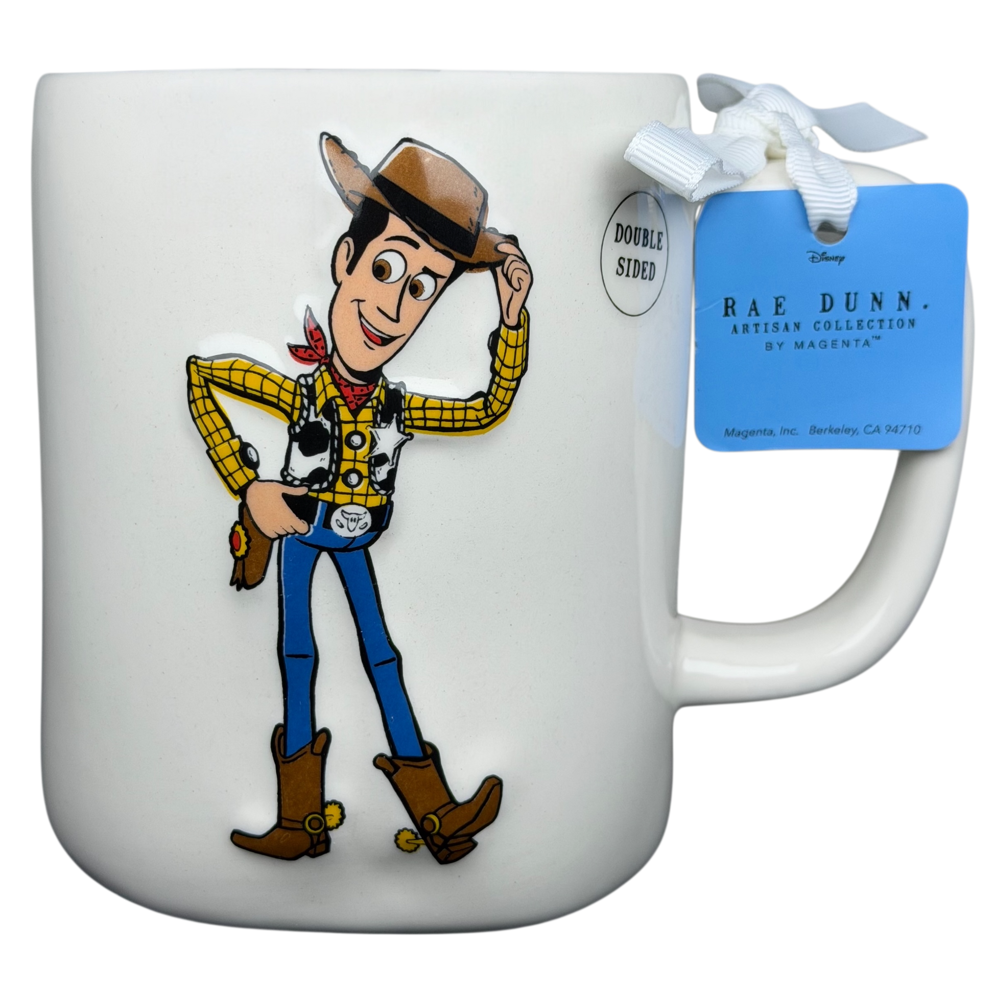 Rae Dunn Toy Story Embossed Woody Disney Pixar mug featuring Woody in vibrant colors and a double-sided design