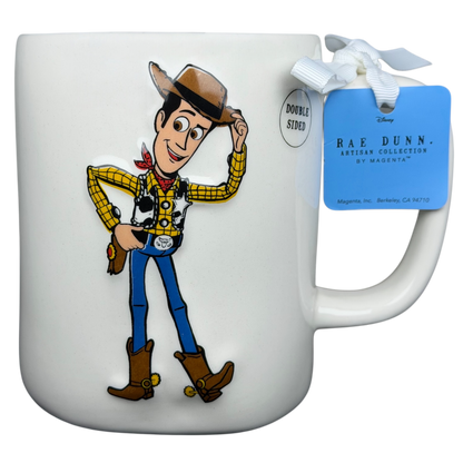 Rae Dunn Toy Story Embossed Woody Disney Pixar mug featuring Woody in vibrant colors and a double-sided design