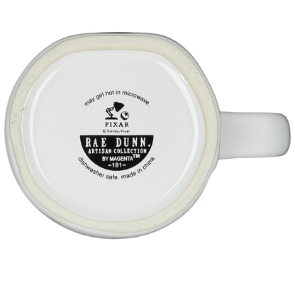 Bottom view of Rae Dunn Toy Story Jessie Disney Pixar mug showing dishwasher safe label and microwave warning