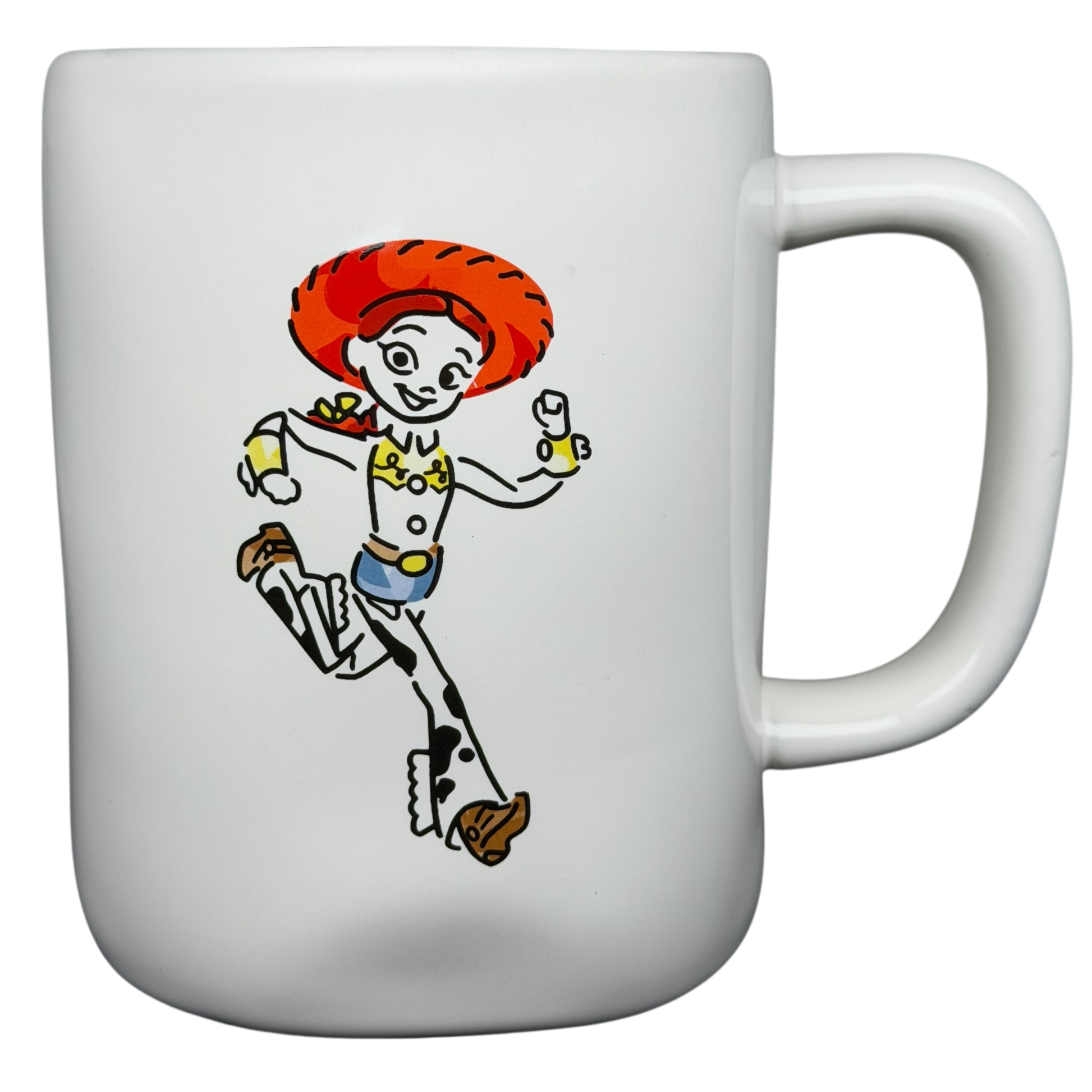 Rae Dunn Toy Story Jessie Disney Pixar mug featuring Jessie in a playful running pose