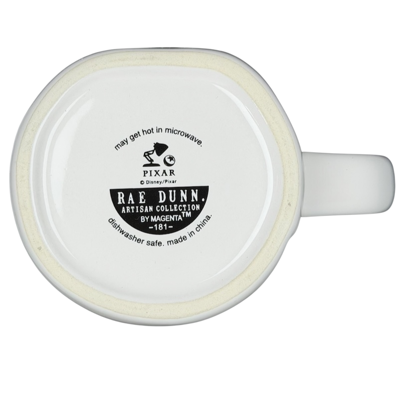 Bottom view of Rae Dunn Toy Story Woody Pixar Disney mug with dishwasher safe label