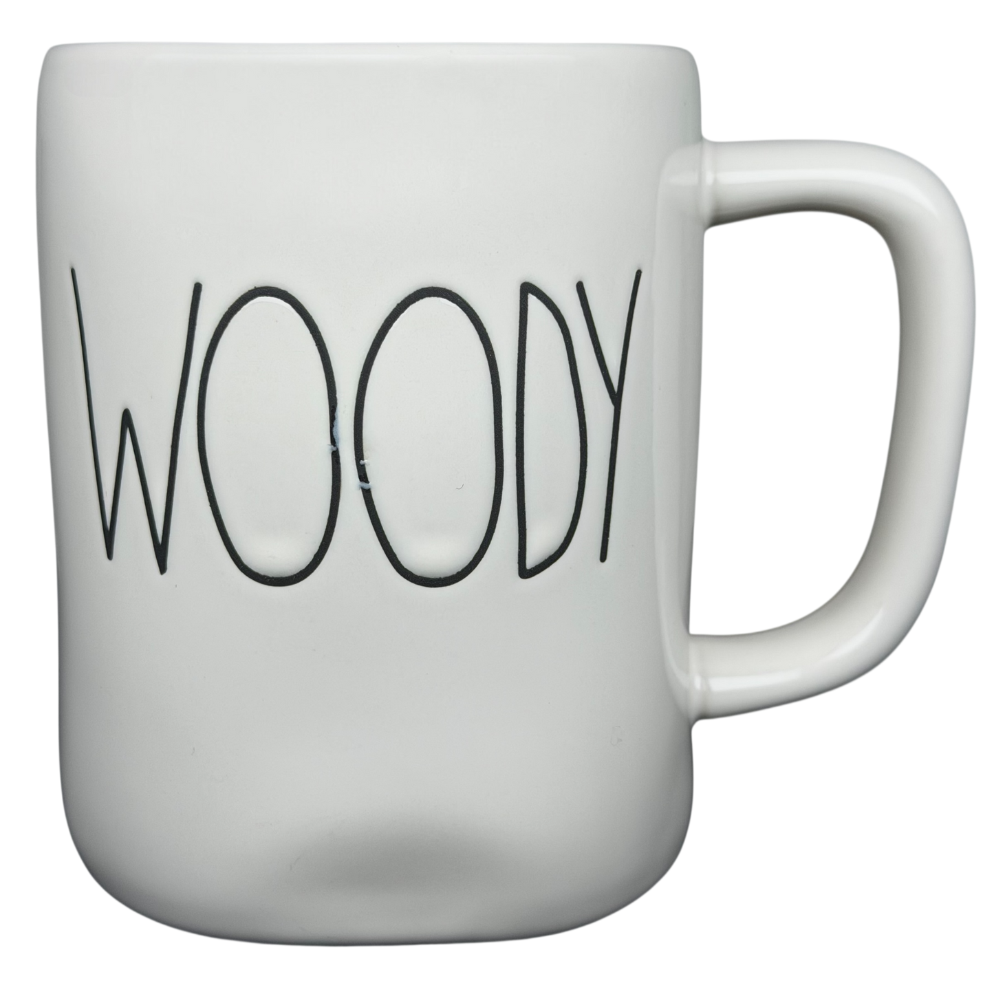 Rae Dunn Toy Story Woody Pixar Disney mug featuring a minimalist design with the name Woody
