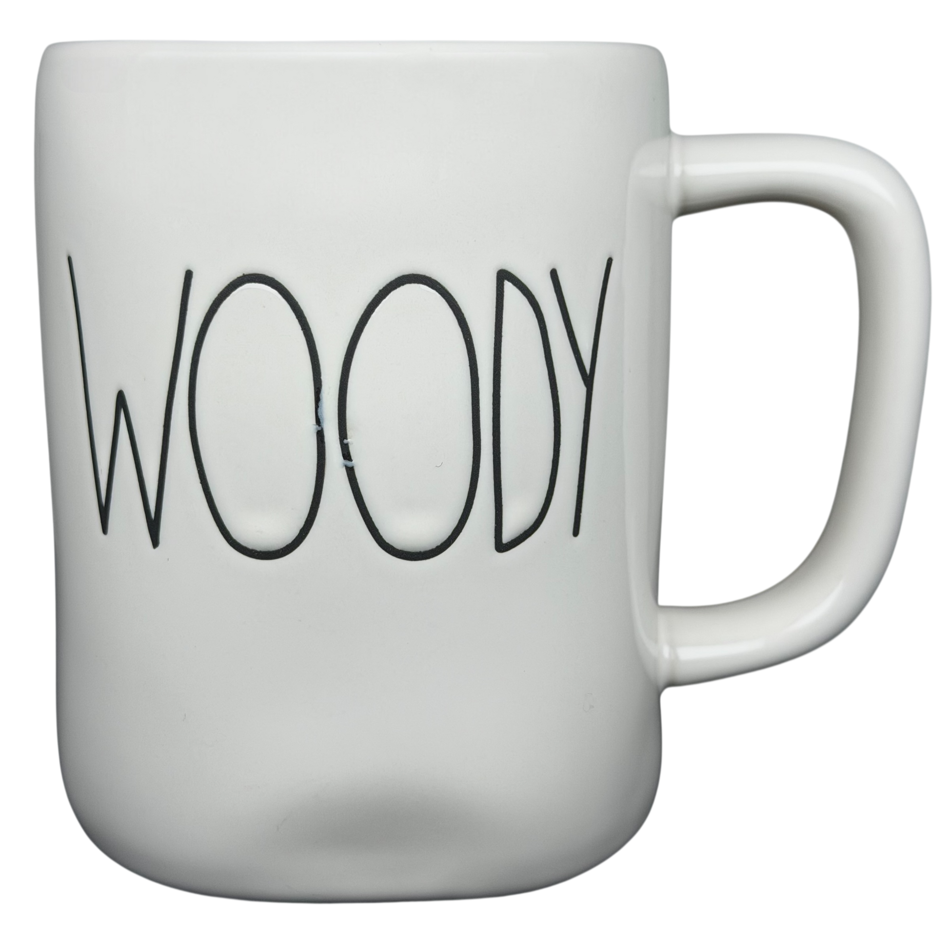 Rae Dunn Toy Story Woody Pixar Disney mug featuring a minimalist design with the name Woody