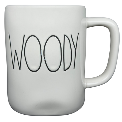 Rae Dunn Toy Story Woody Pixar Disney mug featuring a minimalist design with the name Woody