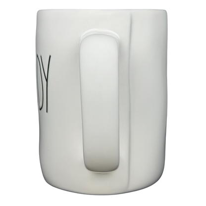 Rae Dunn Toy Story Woody Pixar Disney mug with a simple white design and sturdy handle