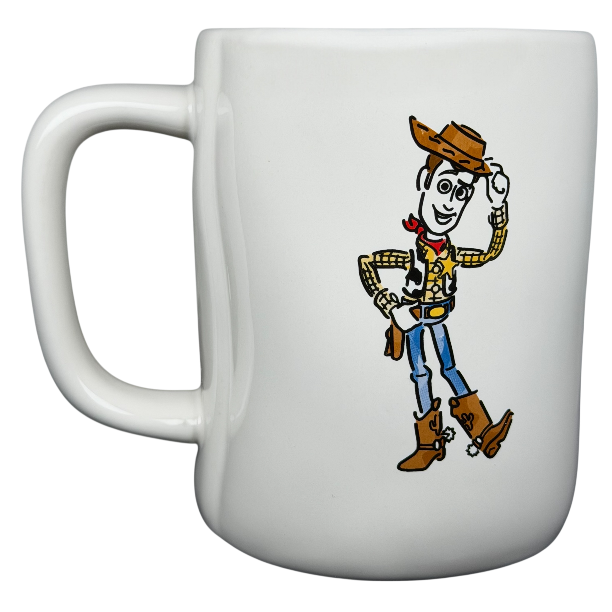 Rae Dunn Toy Story Woody Pixar Disney mug featuring Woody's charming character design