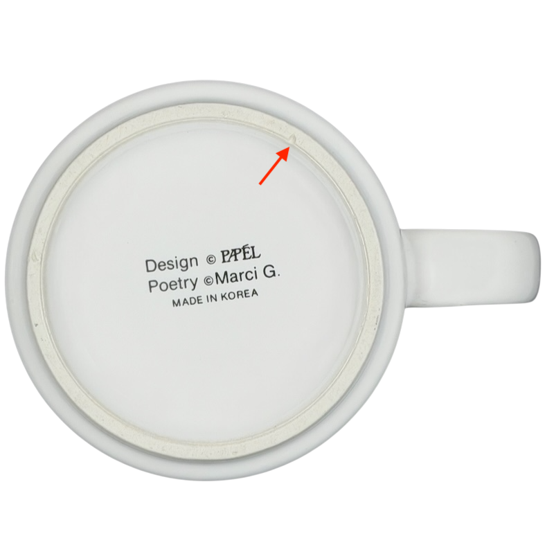 Bottom view of Papel Rick poetry name mug featuring design details and made in Korea label