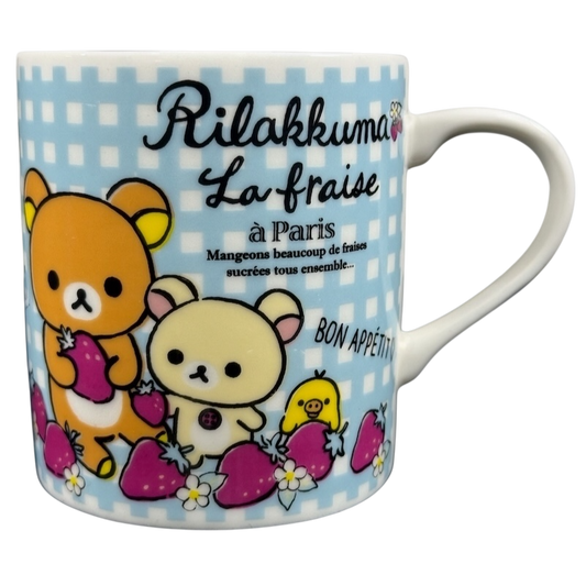 Rilakkuma La Fraise Paris rare mug featuring cute characters and vibrant strawberry design