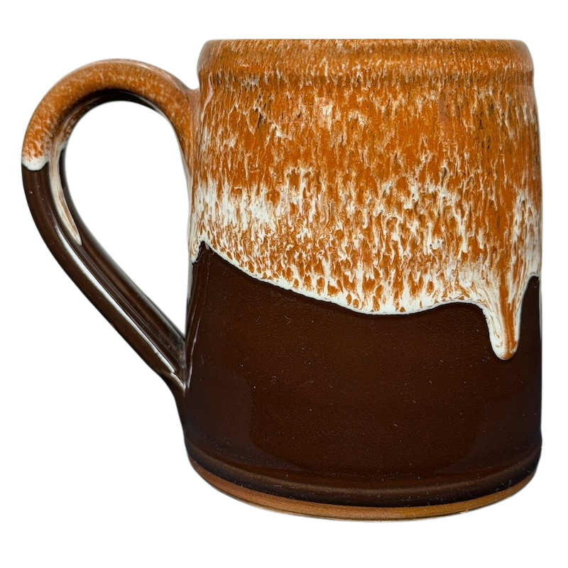 Vintage Deneen Pottery mug featuring Ronald Reagan Rancho Del Cielo design with earthy brown tones