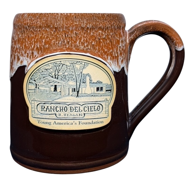 Vintage Deneen mug featuring Ronald Reagan Rancho Del Cielo design with detailed engraving