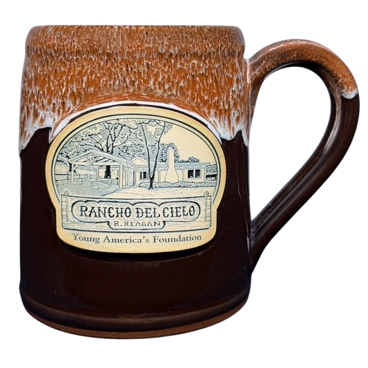 Vintage Deneen mug featuring Ronald Reagan Rancho Del Cielo design with detailed engraving