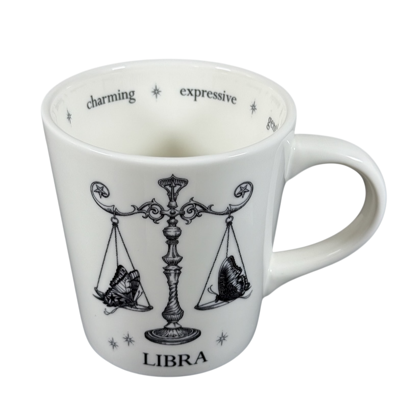 Williams-Sonoma Rory Dobner astrology mug featuring Libra scales design in black and white