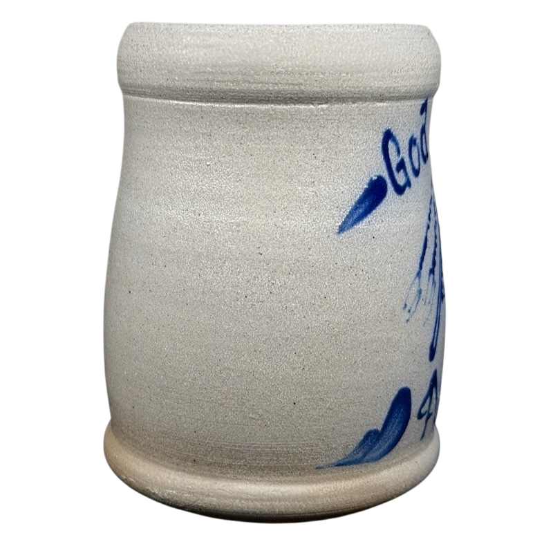 God Bless America salt glazed Rowe Pottery mug featuring unique blue designs and a sturdy shape