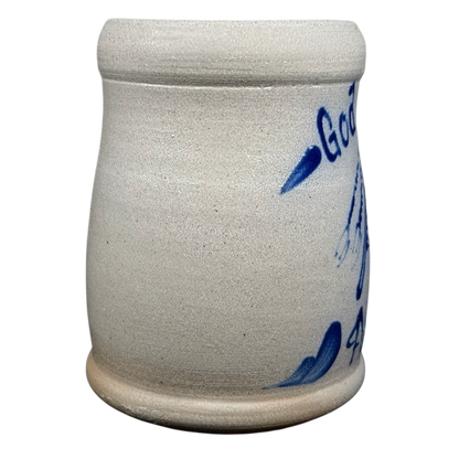 God Bless America salt glazed Rowe Pottery mug featuring unique blue designs and a sturdy shape
