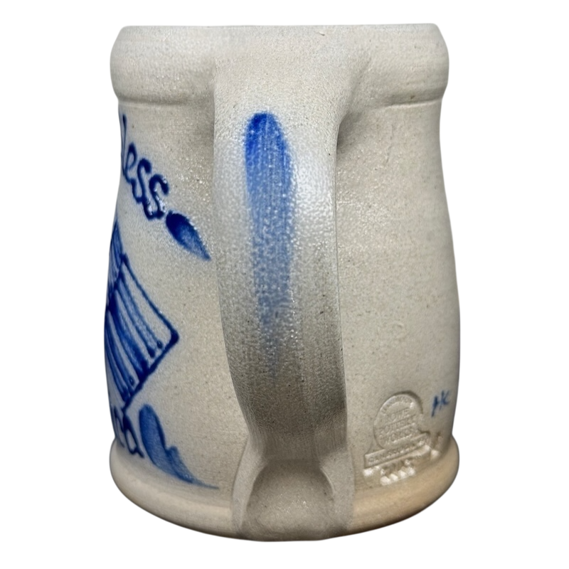 God Bless America salt glazed Rowe Pottery mug with a rustic design and sturdy handle