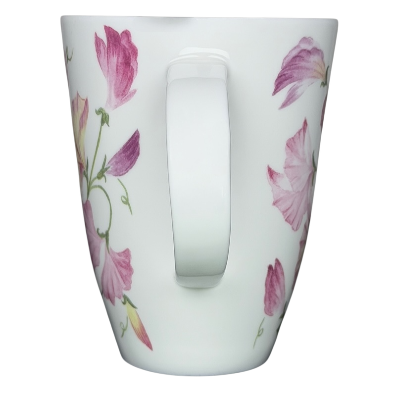 Sweet Pea Floral Mug Roy Kirkham with delicate pink flower designs on a white ceramic surface