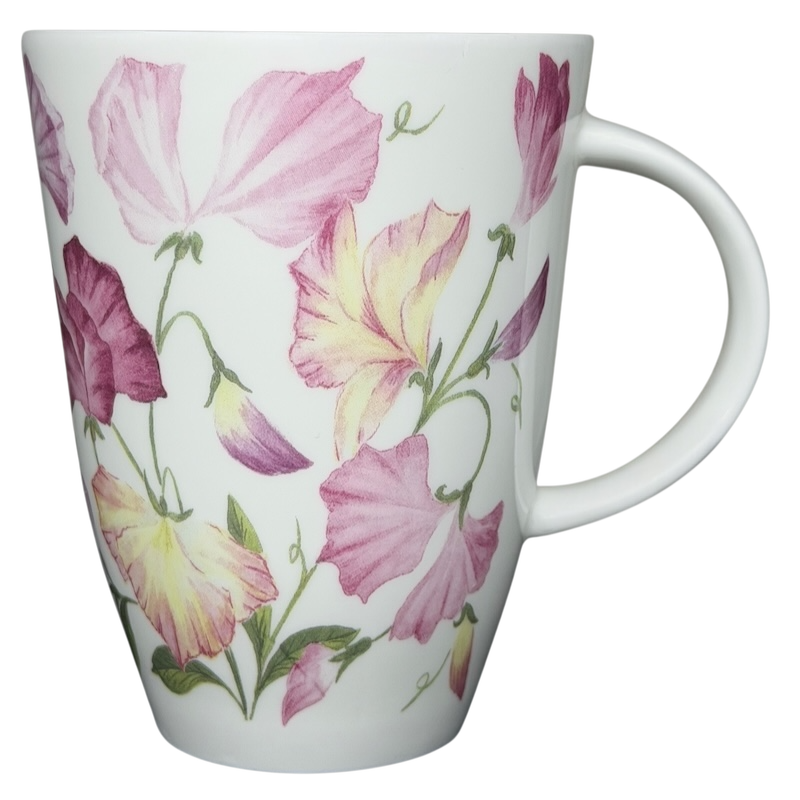 Sweet Pea Floral Mug Roy Kirkham featuring delicate pink and yellow sweet pea flowers on a white background