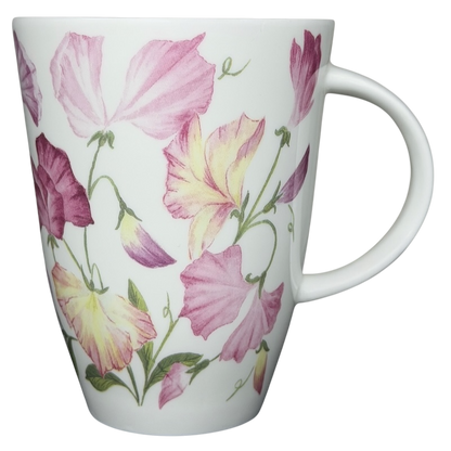 Sweet Pea Floral Mug Roy Kirkham featuring delicate pink and yellow sweet pea flowers on a white background