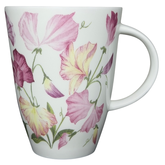 Sweet Pea Floral Mug Roy Kirkham featuring delicate pink and yellow sweet pea flowers on a white background