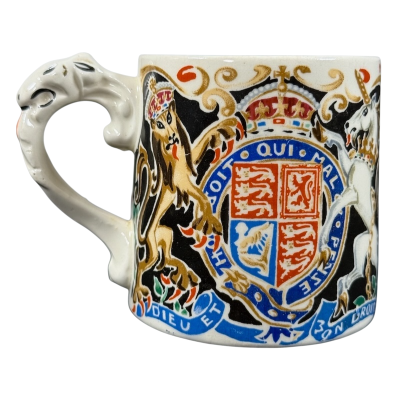 Coronation King George Queen Elizabeth 1937 vintage mug featuring royal coat of arms lion and unicorn handle
