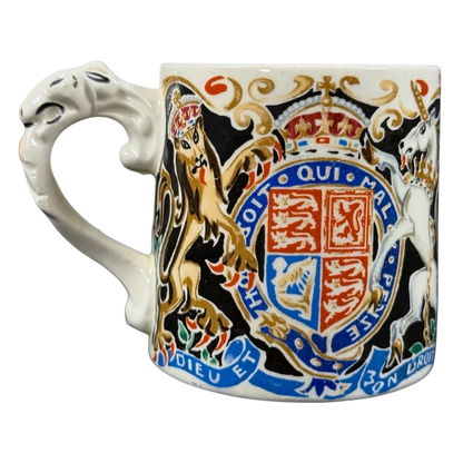 Coronation King George Queen Elizabeth 1937 vintage mug featuring royal coat of arms lion and unicorn handle