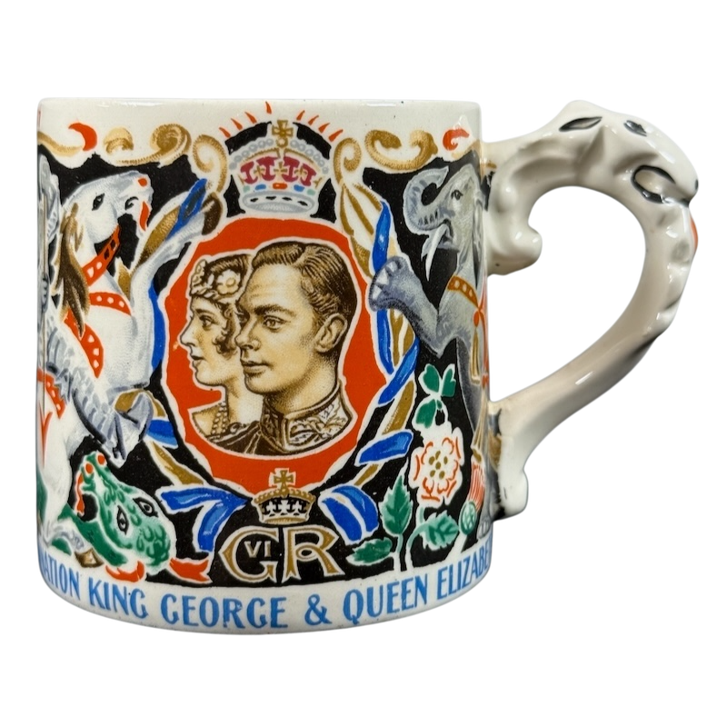 Coronation King George Queen Elizabeth 1937 vintage mug with portraits crown lion unicorn and multicolor floral design