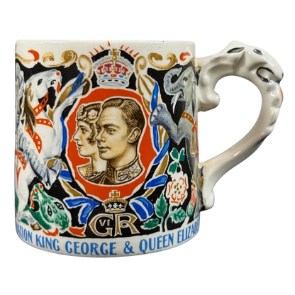 Coronation King George Queen Elizabeth 1937 vintage mug with portraits crown lion unicorn and multicolor floral design