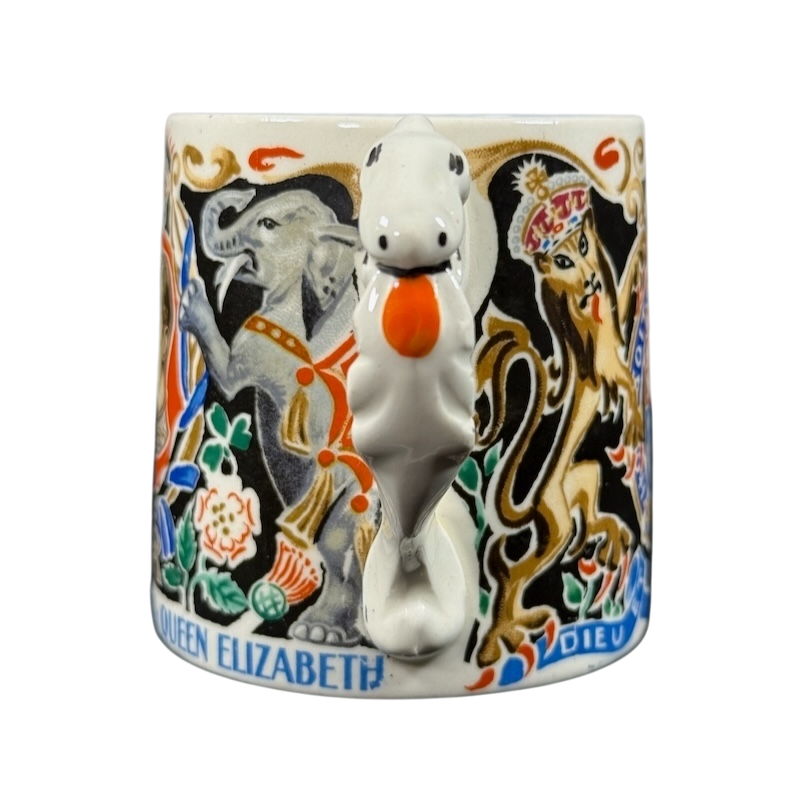 Burleigh Ware Coronation King George Queen Elizabeth 1937 vintage mug with sculpted white horse handle and colorful royal crests