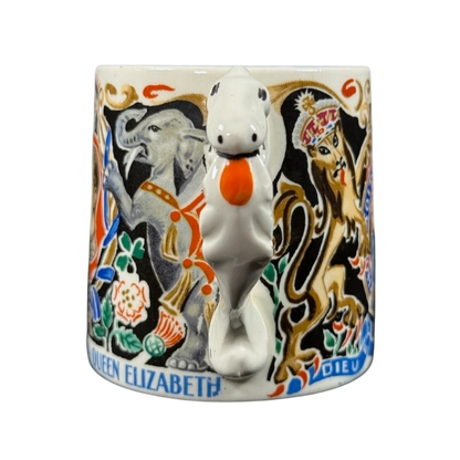 Burleigh Ware Coronation King George Queen Elizabeth 1937 vintage mug with sculpted white horse handle and colorful royal crests