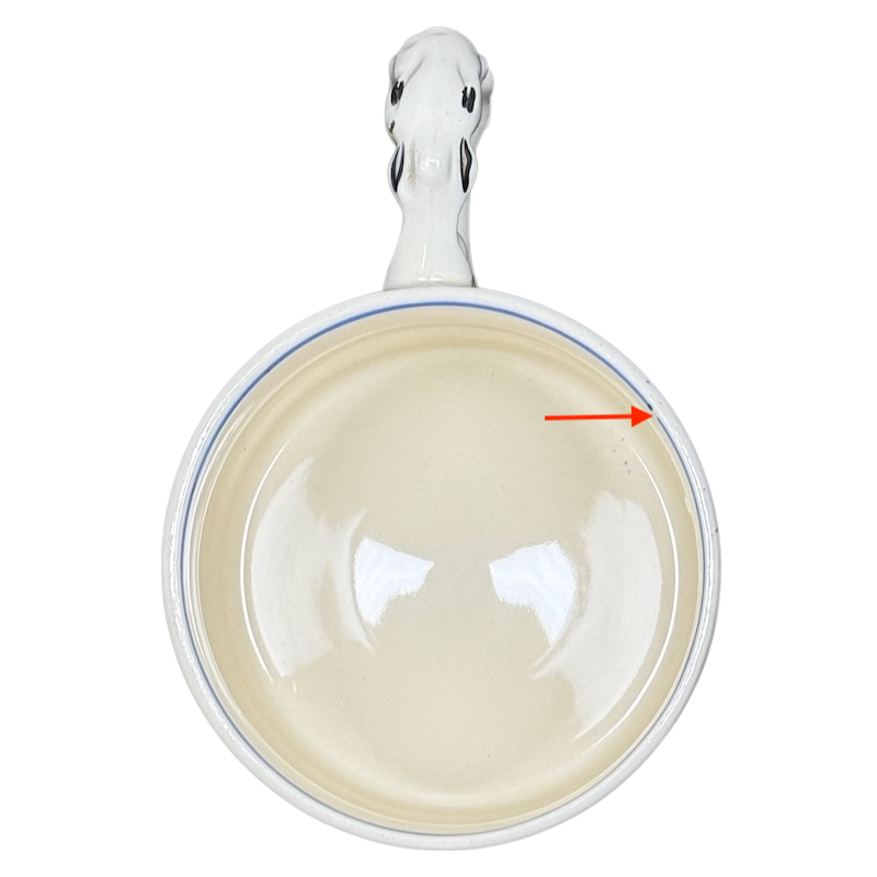 Top view of Coronation King George Queen Elizabeth 1937 vintage mug with cream interior blue rim ornate handle and glaze spot