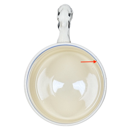 Top view of Coronation King George Queen Elizabeth 1937 vintage mug with cream interior blue rim ornate handle and glaze spot