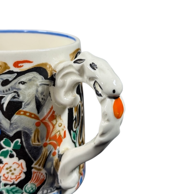 Burleigh Ware Coronation King George Queen Elizabeth 1937 vintage mug close up of swan handle and colorful coronation design