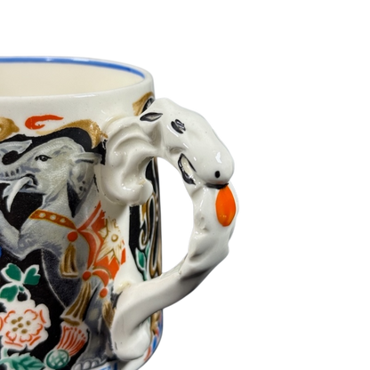 Burleigh Ware Coronation King George Queen Elizabeth 1937 vintage mug close up of swan handle and colorful coronation design