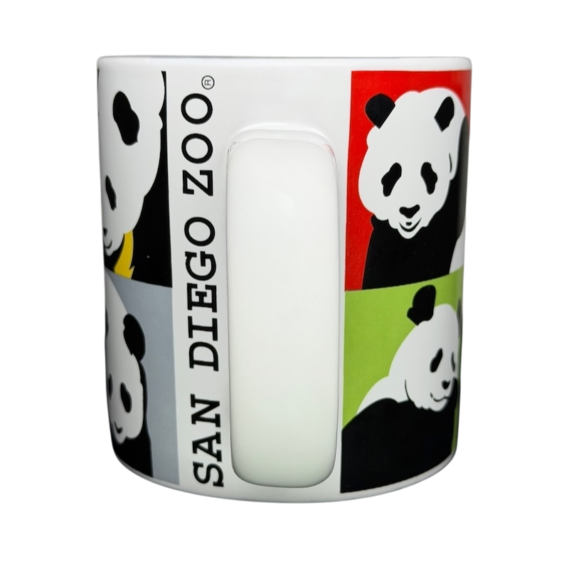 San Diego Zoo Andy Warhol Panda Mug featuring colorful panda designs on a white ceramic mug