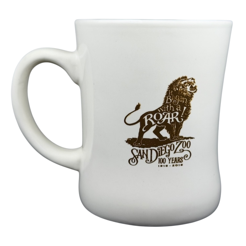San Diego Zoo Centennial It Began With A Roar Mug featuring a lion design and celebration of 100 years