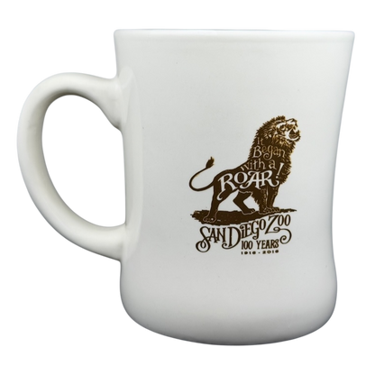 San Diego Zoo Centennial It Began With A Roar Mug featuring a lion design and celebration of 100 years