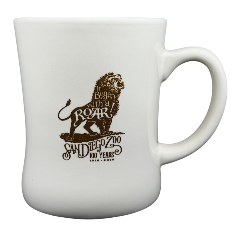 San Diego Zoo Centennial It Began With A Roar Mug featuring a lion design commemorating 100 years