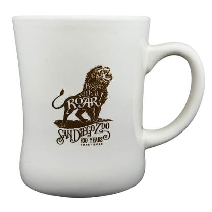 San Diego Zoo Centennial It Began With A Roar Mug featuring a lion design commemorating 100 years