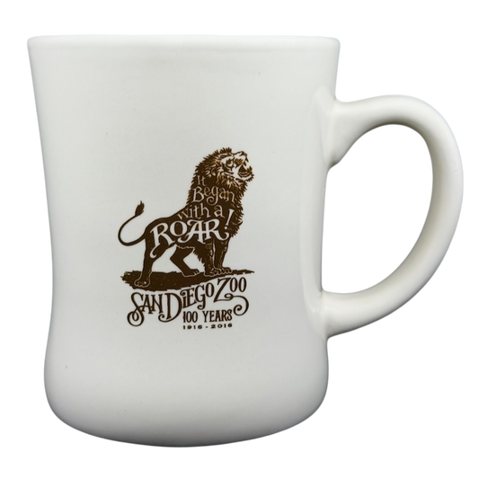 San Diego Zoo Centennial It Began With A Roar Mug featuring a lion design commemorating 100 years