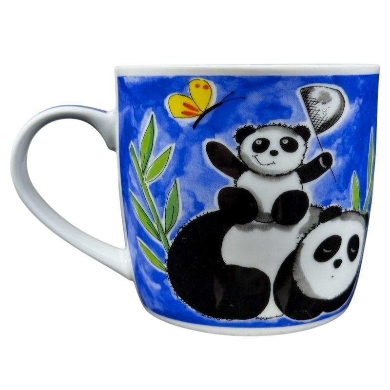 San Diego Zoo Panda vintage mug featuring playful pandas and colorful butterflies on a blue background