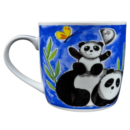 San Diego Zoo Panda vintage mug featuring playful pandas and colorful butterflies on a blue background