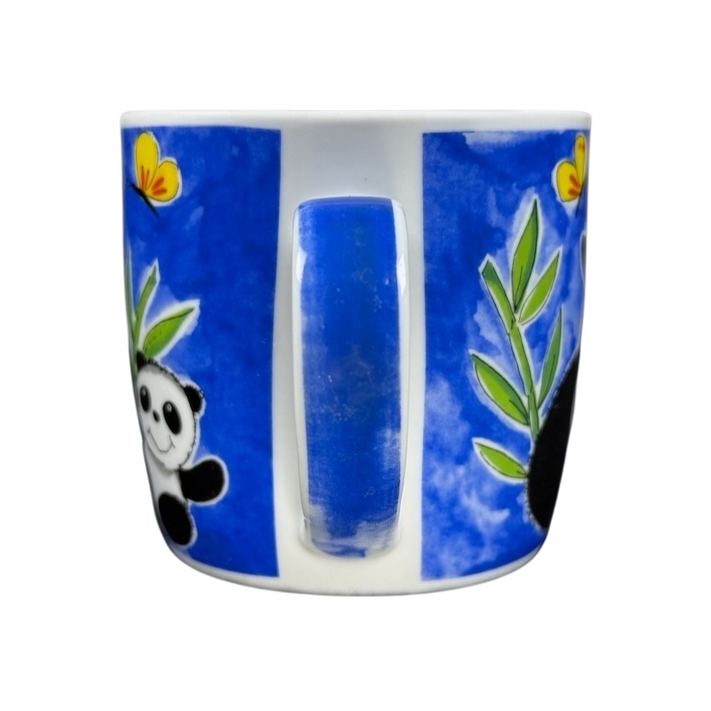 San Diego Zoo Panda vintage mug featuring colorful panda designs and vibrant blue background