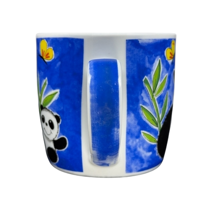 San Diego Zoo Panda vintage mug featuring colorful panda designs and vibrant blue background