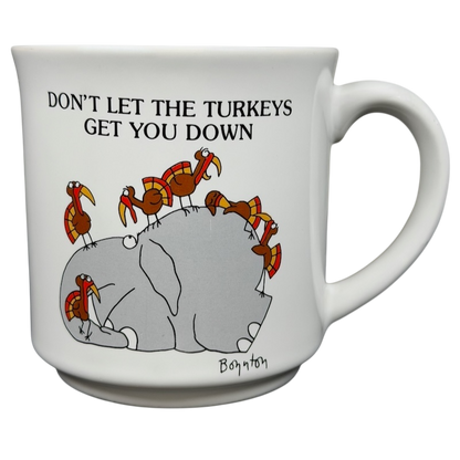 Sandra Boynton Don't Let The Turkeys Get You Down vintage mug featuring a playful elephant and turkeys