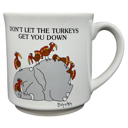 Sandra Boynton Don't Let The Turkeys Get You Down vintage mug featuring an elephant with turkeys