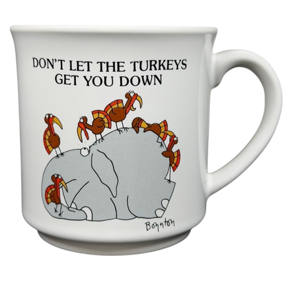 Sandra Boynton Don't Let The Turkeys Get You Down vintage mug featuring a humorous elephant and turkeys
