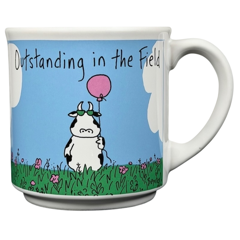 Sandra Boynton Outstanding In The Field mug vintage featuring a cow holding a pink balloon in a grassy field