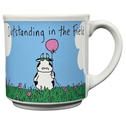 Sandra Boynton Outstanding In The Field mug vintage featuring a cow holding a pink balloon in a grassy field