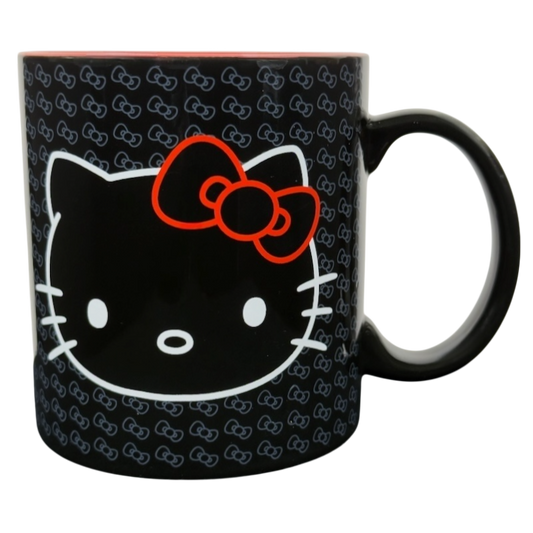 Sanrio Hello Kitty collectible mug black ceramic with large white outlined face red bow and repeating bow pattern