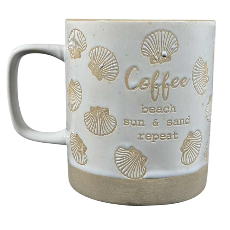 Sea shell under the sea coffee mug with beige seashell designs and beach sun and sand text